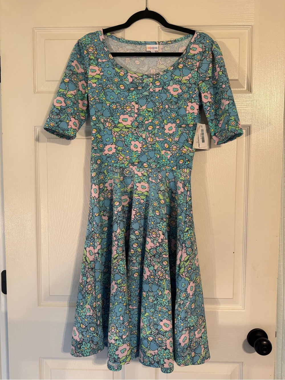 LuLaRoe Aqua Floral Scoop Neck Dress with Pink Accents